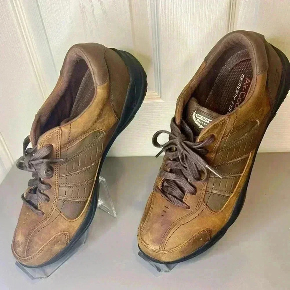 “Skechers” Men’s Air Cooled Relaxed Fit Lace Up Brown Leather Loafers Size 12 👞 - Picture 4 of 12